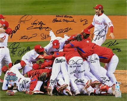 2008 World Series Champions Philadelphia Phillies Team Signed 16x20 Photo With 23 Signatures Including Hamels, Utley, Victorino and Harry Kalas (MLB Authenticated & Beckett)